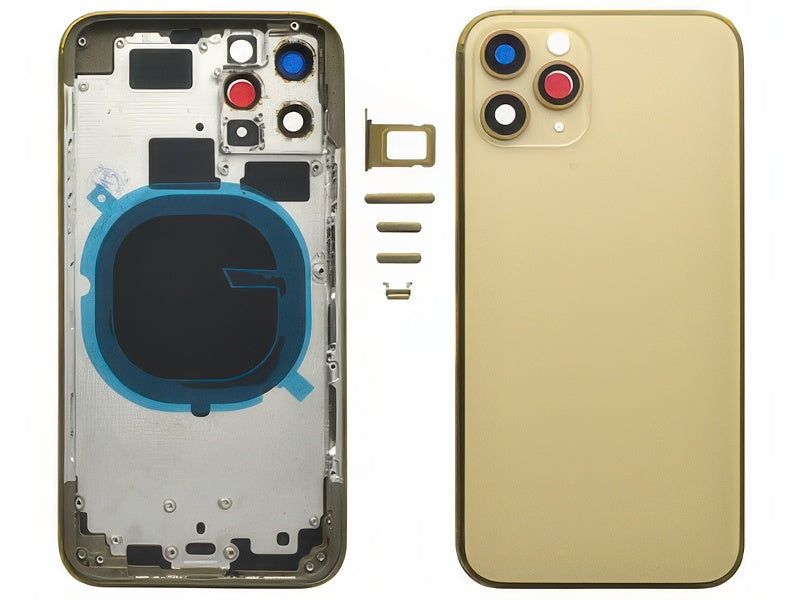 Frame in metallo +Tasti Laterali + Sportellino Sim + Back Cover + Vetrino senza logo Oro per Apple iPhone 11 Pro