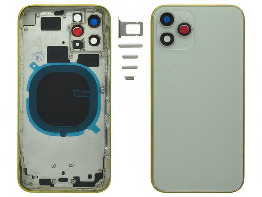 Frame in metallo +Tasti Laterali + Sportellino Sim + Back Cover + Vetrino senza logo Bianco per Apple iPhone 11 Pro