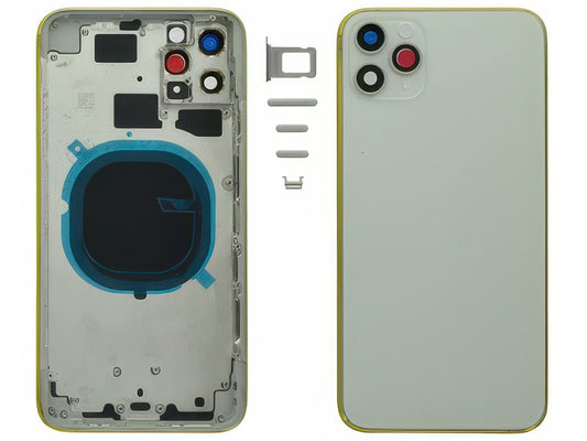 Frame in metallo +Tasti Laterali + Sportellino Sim + Back Cover + Vetrino senza logo Bianco per Apple iPhone 11 Pro Max