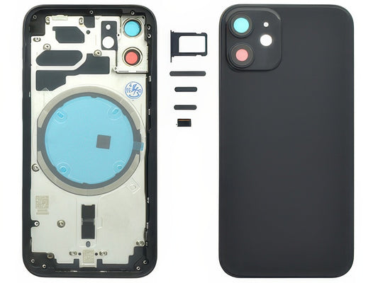 Frame + Tasti Laterali + Sportellino Sim + Back Cover Magnetica + Vetrino senza logo Nero per Apple iPhone 12 mini
