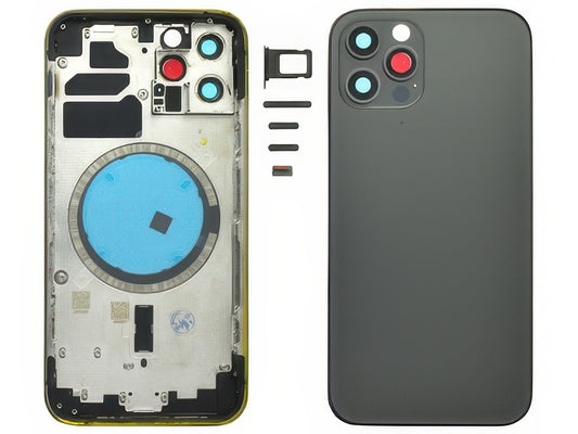 Frame + Tasti Laterali + Sportellino Sim + Back Cover Magnetica + Vetrino senza logo Nero per Apple iPhone 12 Pro