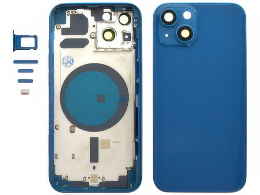 Frame + Tasti Laterali + Sportellino Sim + Back Cover Magnetica + Vetrino senza logo Blu per Apple iPhone 13