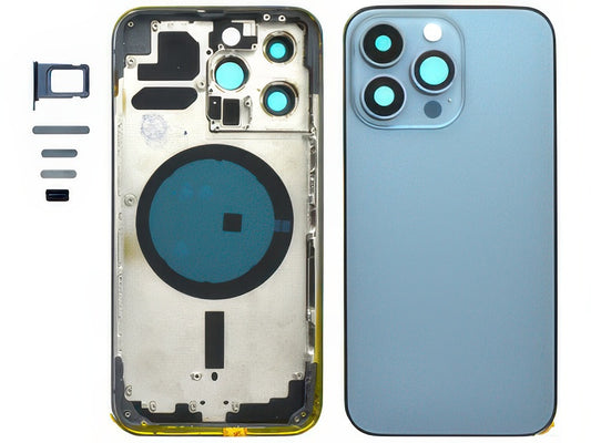 Frame + Tasti Laterali + Sportellino Sim + Back Cover Magnetica + Vetrino senza logo Blu per Apple iPhone 13 Pro