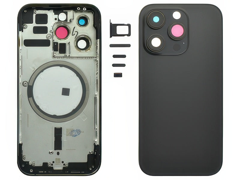 Frame + Tasti Laterali + Sportellino Sim + Back Cover Magnetica + Vetrino senza logo Nero per Apple iPhone 14 Pro