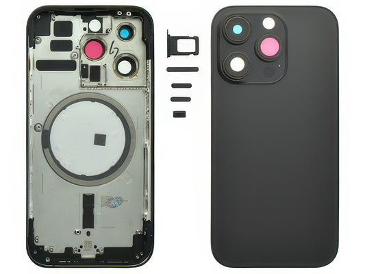 Frame + Tasti Laterali + Sportellino Sim + Back Cover Magnetica + Vetrino senza logo Nero per Apple iPhone 14 Pro