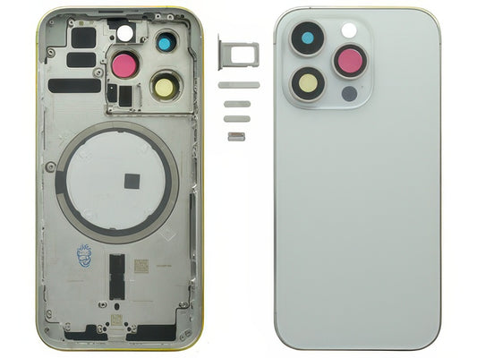 Frame + Tasti Laterali + Sportellino Sim + Back Cover Magnetica + Vetrino senza logo Argento per Apple iPhone 14 Pro