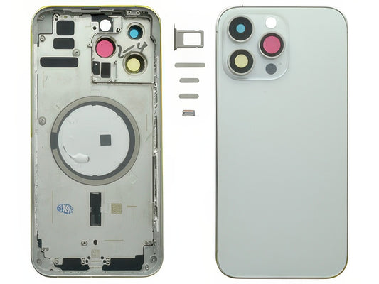 Frame + Tasti Laterali + Sportellino Sim + Back Cover Magnetica + Vetrino senza logo Argento per Apple iPhone 14 Pro Max