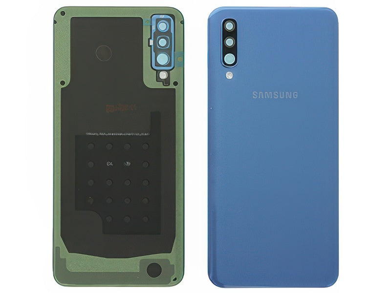 Cover Batteria + Vetrino Camera + Adesivi Blu per Samsung SM-A505 Galaxy A50