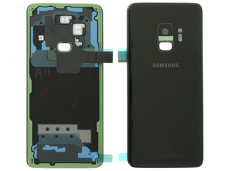 Cover Batteria in vetro + Vetrino Camera + Vetrino Flash Nero per Samsung SM-G960 Galaxy S9