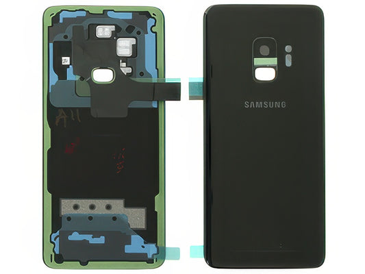 Cover Batteria in vetro + Vetrino Camera + Vetrino Flash Nero per Samsung SM-G960 Galaxy S9